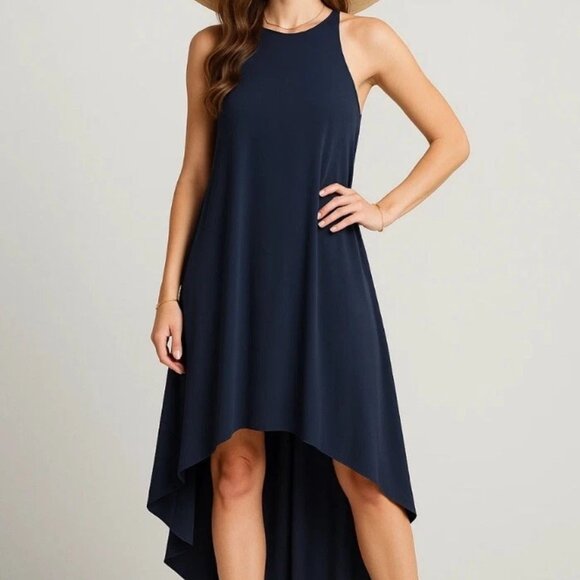 Alice + Olivia Dress Women’s SP Maxi Navy Silk Keyhole Knot Back High Low Drapey - Picture 1 of 10